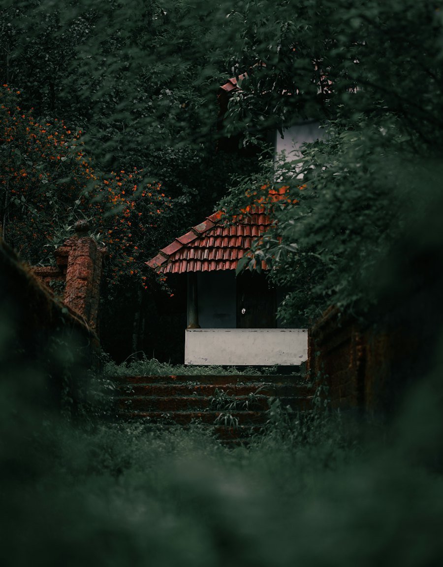 Red-tiled cottage tucked into lush greenery