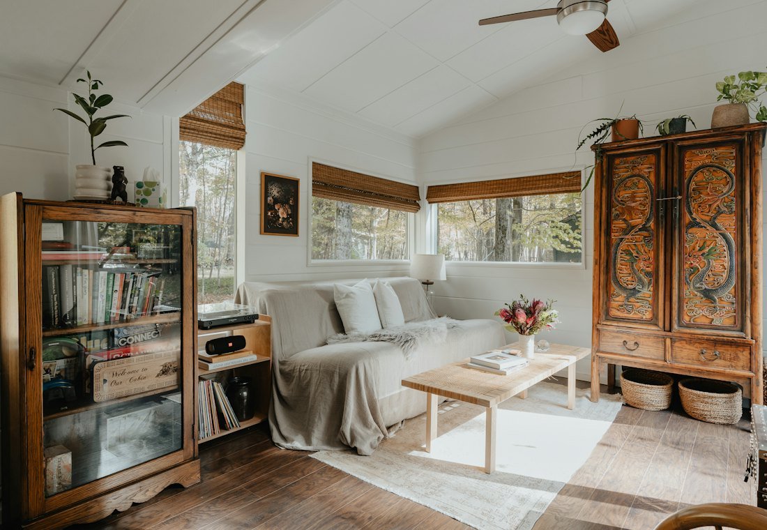 Bright living room with timber furniture