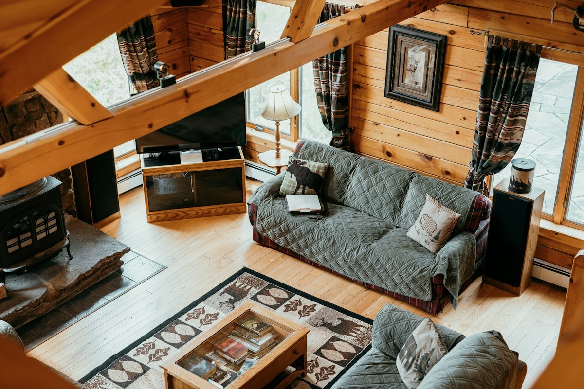 Timber-beamed upper-level lounge